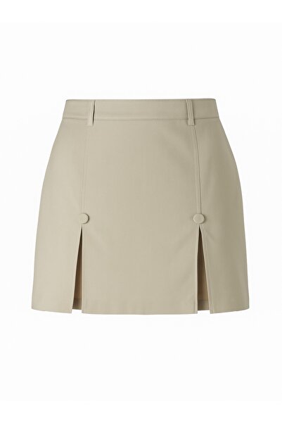 MERT ERKAN Çift Yırtmaçlı Yüksek Bel Bej Mini Etek