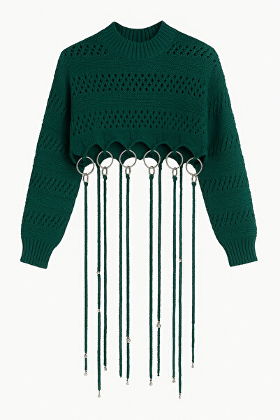 MERT ERKAN Metal Halka Toka & El Örgüsü Uzun Sarkıt Detaylı Crop Triko