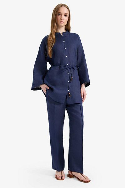 DeFacto 100% Linen Straight Fit Flexible Waisted Pocket Trousers D4388Ax25Sm