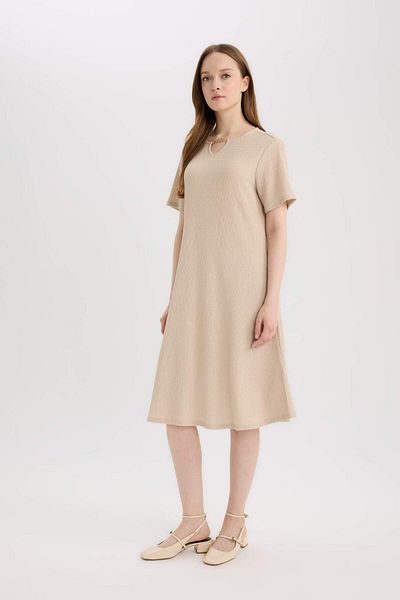 DeFacto Rochie midi cu mânecă scurtă, cu guler Apaş, cu formă regulată, D3834ax25sm