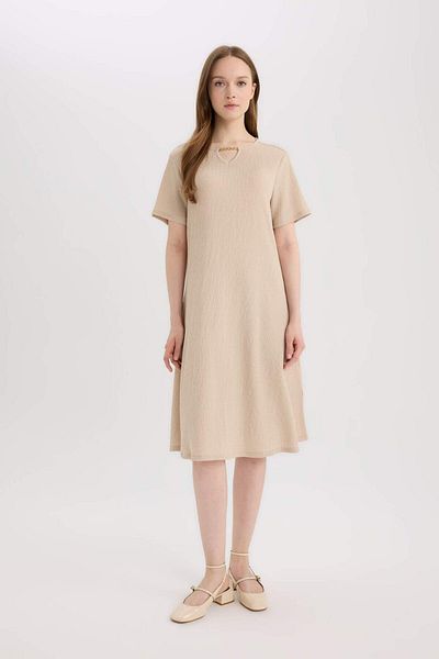 DeFacto Rochie midi cu mânecă scurtă, cu guler Apaş, cu formă regulată, D3834ax25sm