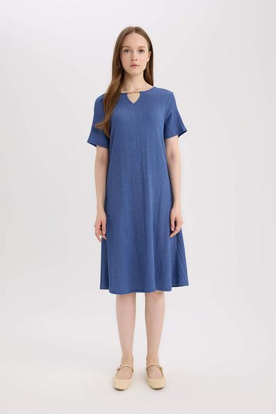 DeFacto Regular Fit Apache Collar Basic Plain Wrap Short Sleeve Midi Dress D3834Ax25Sm