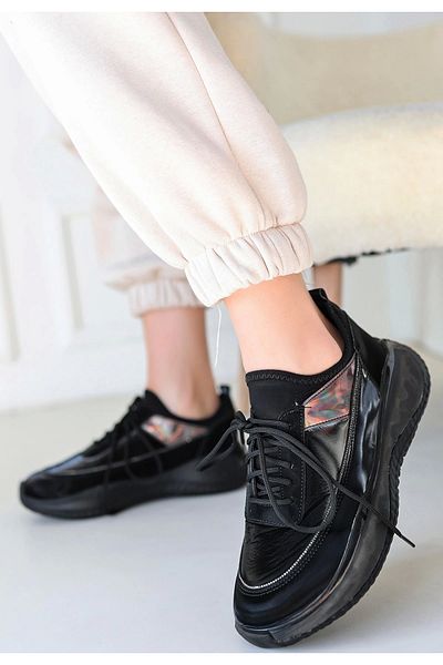 KAZAX Nadio Black Patent Leather Black Sole Lace-Up Sneakers