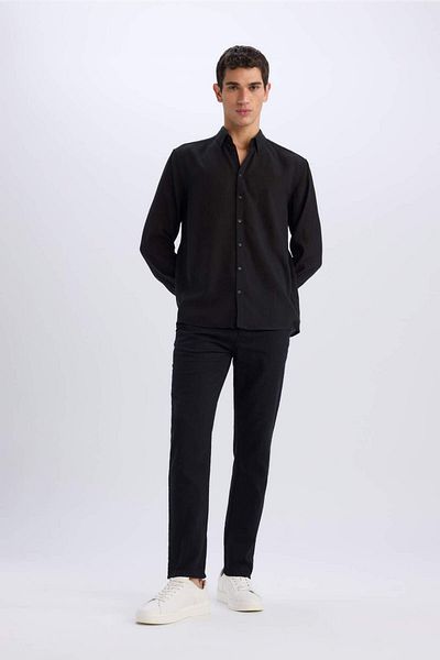 DeFacto Regular Fit Polo Collar Linen Look Long Sleeve Black Shirt E1204Ax25Sm