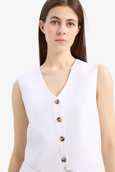 DeFacto V-Neck Linen Blended White Blazer Vest C3828Ax25Sm