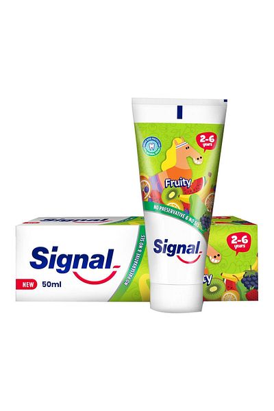 Signal معجون أسنان للأطفال بنكهة الفواكه من عمر سنتين إلى ست سنوات، 50 مل، حماية لطيفة من الفلورايد ونكهة فاكهية ممتعة