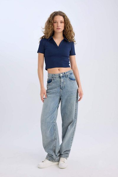 DeFacto Fitted Polo Neck Basic Plain Ribbed Camisole Short Sleeve T-Shirt A0379Ax25Sm