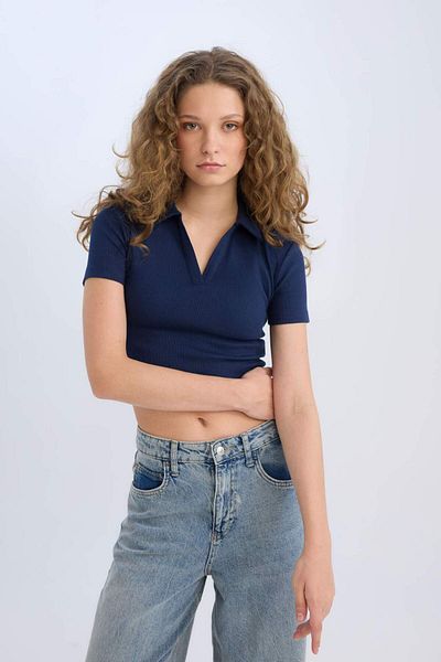 DeFacto Fitted Polo Neck Basic Plain Ribbed Camisole Short Sleeve T-Shirt A0379Ax25Sm