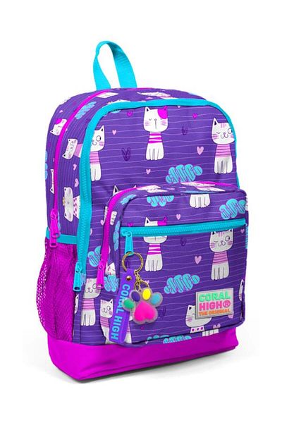 Coral High Kids Purple Pink Cat Patterned Four Compartment USB School Backpack 23264