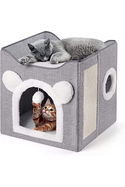 VINNYSEN Cat Beds for Indoor Cats - Multifunctional Cube Cat House with Cat Scratch Board & Fluffy Ball