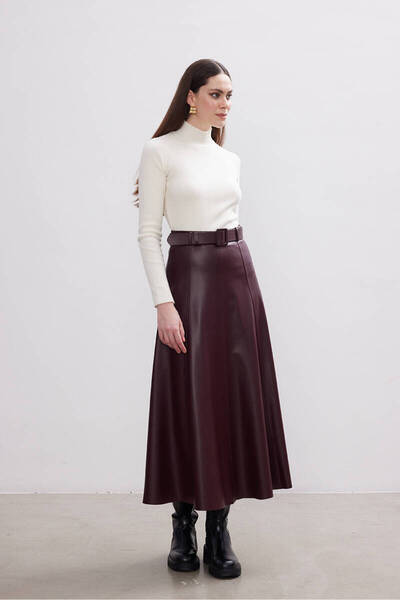 BE BLUE Claret Red Leather Skirt