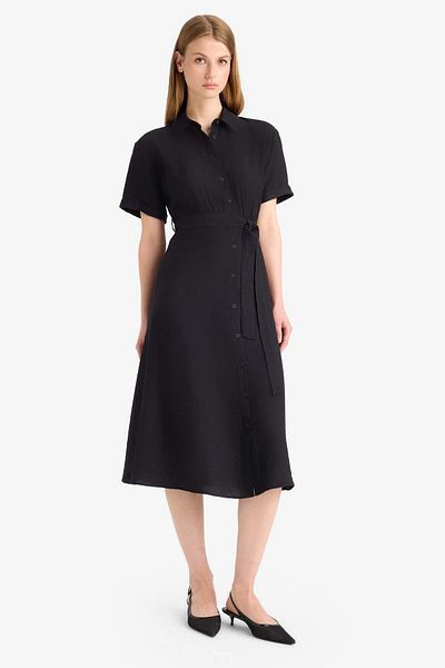 DeFacto Shirt Collar Belted Short Sleeve Midi Black Summer Dress F2113Ax25Sm
