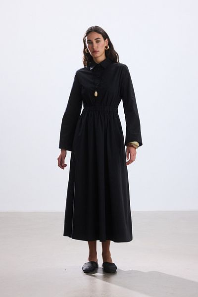 BE BLUE Black Poplin Shirt Dress with Pocket Detail