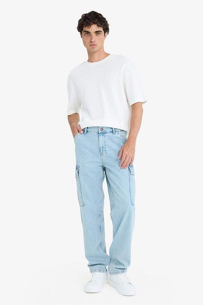 DeFacto 100% Cotton Relax Fit Relaxed Cut Straight Leg Cargo Pocket Jean Washed Trousers F2381Ax25Sp