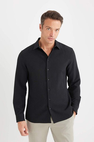 DeFacto Modern Fit Polo Collar Textured Stretch Fabric Long Sleeve Shirt D7246Ax25Sp