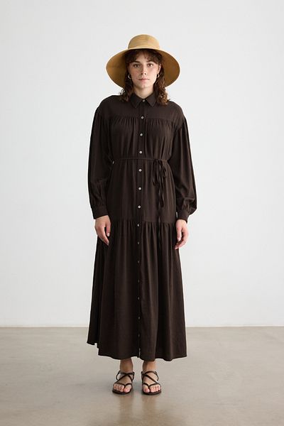 BE BLUE Bitter Brown Buttoned Crinkle Dress