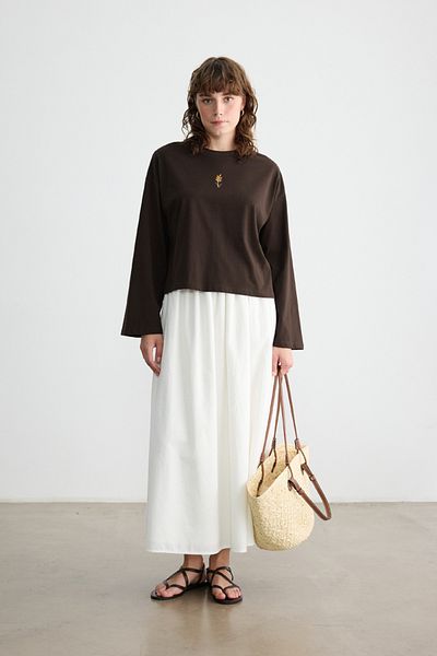 BE BLUE Brown Long Sleeve Embroidered T-Shirt