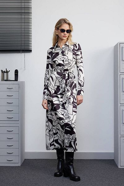 BE BLUE Black Floral Patterned Shirt Dress