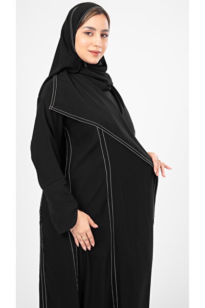 outline Black abaya with white embroidery, elegant and modern design