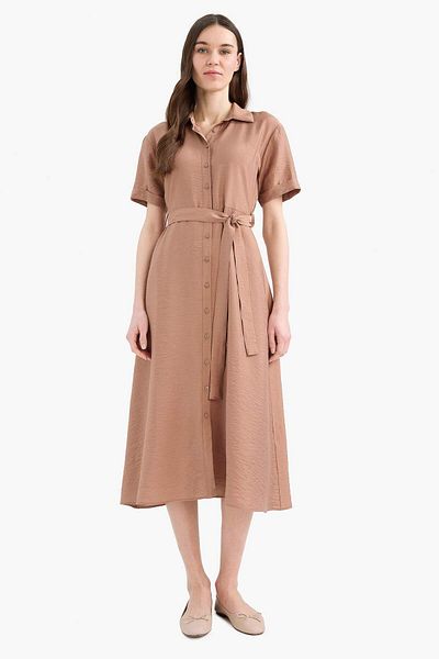 DeFacto Regular Fit Shirt Collar Belted Short Sleeve Midi Dress E7932Ax25Sp