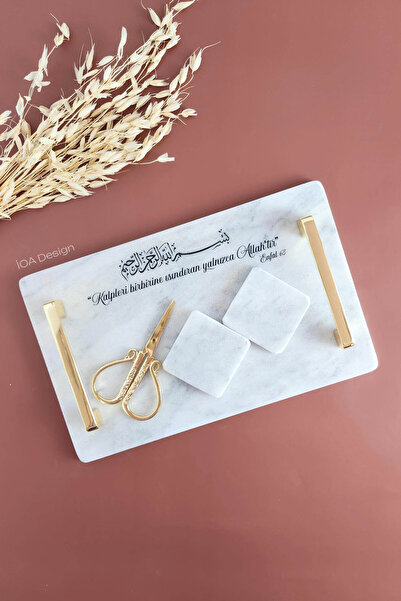 ioadesign Enfal - Gerçek İnce Mermer Söz/nişan Tepsisi (32X20 CM) Makas 2 Adet Çıkarılabilir Yüzüklük