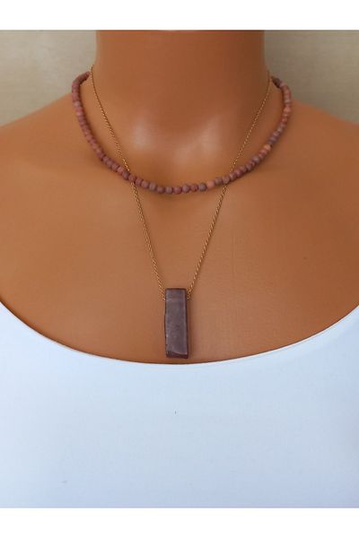 LemaStone Natural Stone Necklace,Steel Chain Rose Quartz Stone,Jasper Stone Necklace,Bracelet