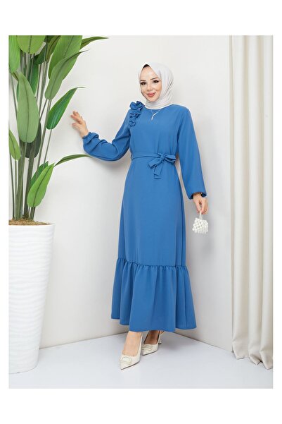 VELLICHOR Φόρεμα Crepe Fabric Shoulder Ruffle Μπλε