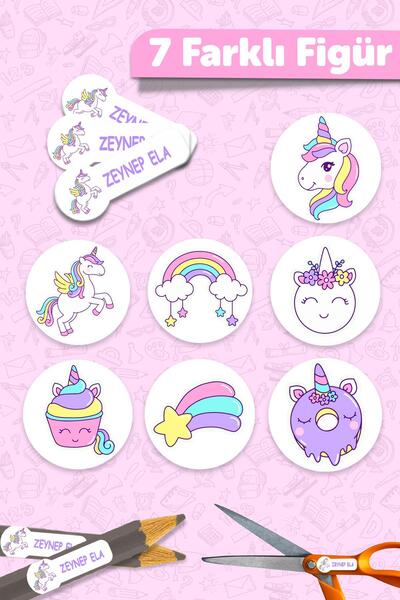 MSticker Okul Etiketi Kalem Defter isimli Etiket Isim Yazılabilen Sevimli Unicorn - 190 Adet Özel Yeni Tasarım
