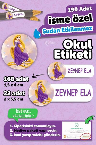 MSticker Okul Etiketi Kalem Defter isimli Etiket Isim Yazılabilen Rapunzel - ...