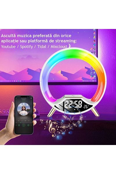 VENTLEX Lampa Smart Led Rgb, Incarcare Wireless, Control Tactil, 5w, Afisaj Ceas Digital, Temperatura