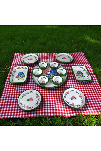 İnci Emaye Medium Size Patterned Enamel Breakfast Set for 4 People, Presentation Plate, Breakfast Plate, Jam Bowl, Olives, Cheese Plate