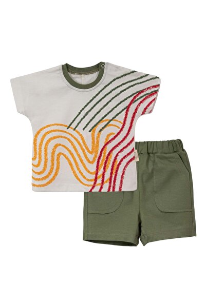 NECİXS BEBEE طقم شورت تي شيرت بنمط موجة أخضر زيتوني