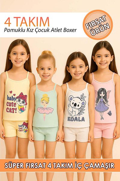 MYS GRUP TEKSTİL Girls' Singlet Boxer 4-Piece Set Cotton Underwear with Cartoon Pattern - 4 Sets of Singlet Panties Set
