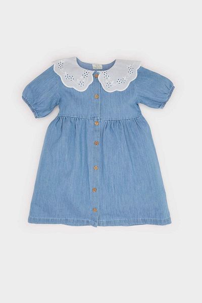 DeFacto Rochie de vară din jean cu mânecă scurtă pentru fetiță cu guler lat din dantelă E7594a525sm