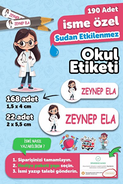 MSticker Okul Etiketi Kalem Defter isimli Etiket Isim Yazılabilen Doktor Tema...