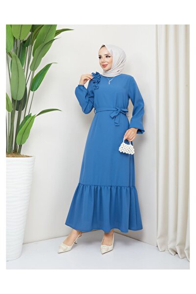 VELLICHOR Φόρεμα Crepe Fabric Shoulder Ruffle Μπλε