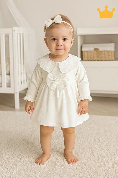 Babyhola 0-12 Months 100% Cotton Baby Girl Scalloped Holiday Dress Set with Headband Ecru 22457