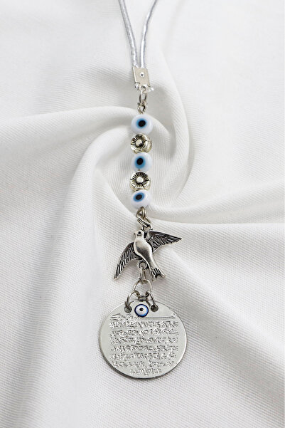 biuti Metal Kuş Çiçek Beyaz Nazar Boncuklu Araba Dikiz Ayna Süsü, Ayetel Kürsi Yeni Araba Hediyesi