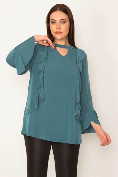 Şans Γυναικεία Μπλούζα με Πράσινο Γιακά και Σφόνδυλο σε Plus μέγεθος 65n31382