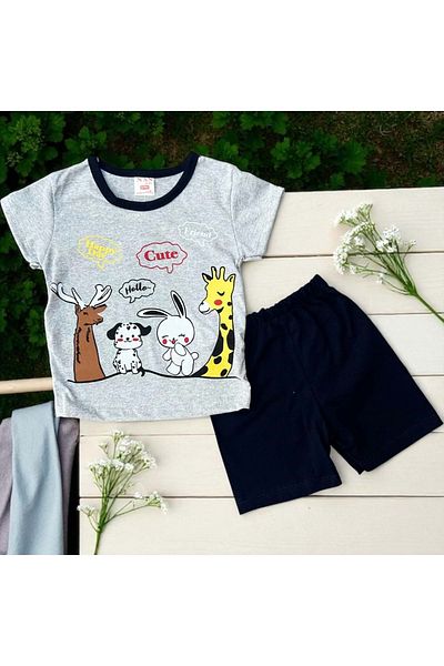 Balgüneş Tekstil Happy Day Printed Tshirt Shorts Set Gray