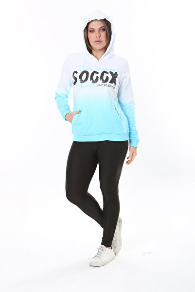 Şans Жіночий великий розмір білий двонитковий светр з капюшоном і принтом спереду 65N37162