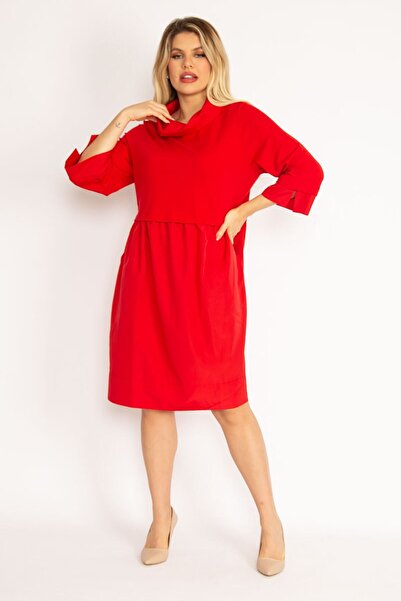 Şans Women's Large Size Red Stand-Up Collar Skirt Part Collar And Cuffs Spun Fabric Dress 65n35038
