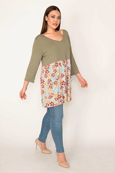 Şans Жіноча сукня-туніка великого розміру хакі з принтами та кишенями 65n32889