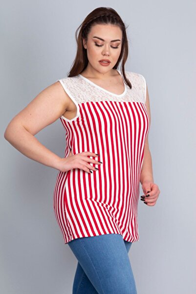 Şans Kadın Büyük Beden Kırmızı Robası Dantel Detaylı Çizgili Viskon Bluz 65n22750