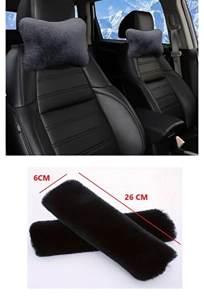 AYAZGRUP Siyah Peluş Oto Boyun Yastığı + Emniyet Kemeri Pedi – 4’lü Set – Lük...