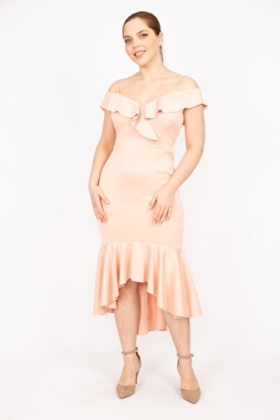 Şans Γυναικείο φόρεμα Salmon Plus Size με Flounce γιακά και φούστα 65n35817