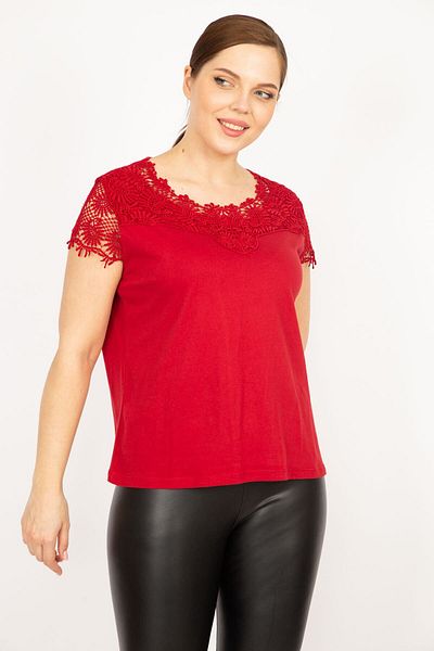 Şans Γυναικεία Κόκκινη Plus Size Βαμβακερή Δαντέλα Μπλούζα με λεπτομέρειες 65n35924