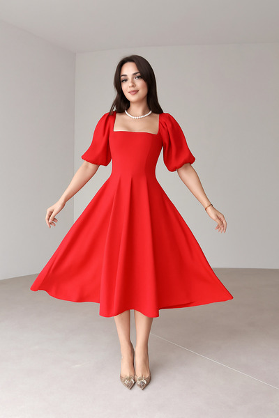 Deafox Plissiertes Midikleid mit quadratischem Kragen und Ballonärmeln – roter Kreppstoff