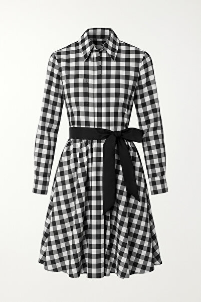 UNTIMELY Siyah/Beyaz Kareli Midi Boy İpek Tafta Gömlek Elbise