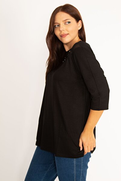 Şans Γυναικεία Μεγάλο Μέγεθος Μαύρη Απλικέ και Λεπτομερής Μπλούζα Τούλι 65n34575